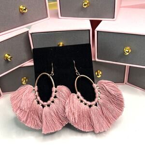 Handmade Blush Pink Tassel Hoop Earrings Boho Statement